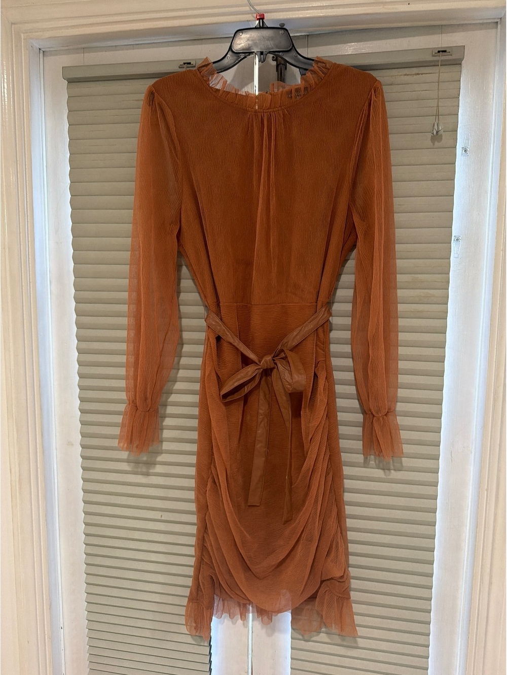 Zendria 2X Rust Orange Sheer Long Sleeve Midi Dress with Belt